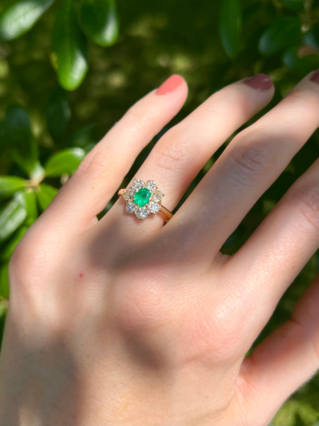 Flower in Bloom Antique Emerald & Old Cut Diamond Ring in 14k Yellow Gold