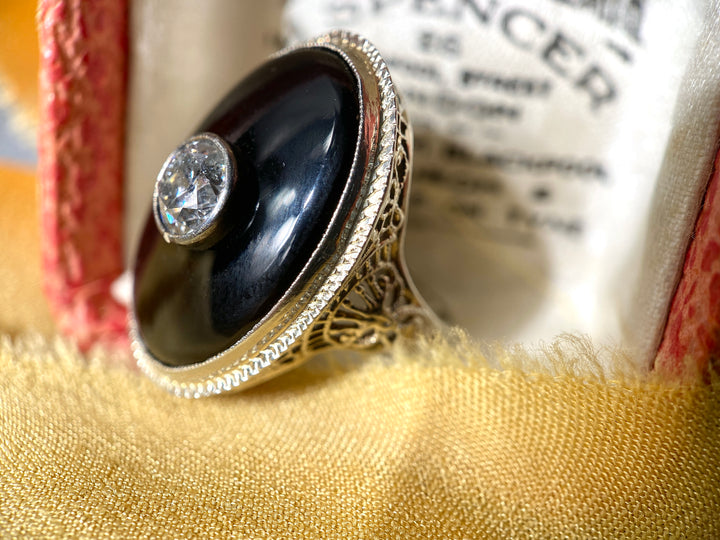 Antique Art Deco Onyx and Diamond Ring in Lacey Filigree 14k White Gold