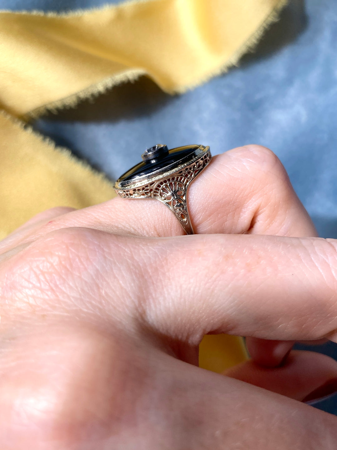 Antique Art Deco Onyx and Diamond Ring in Lacey Filigree 14k White Gold