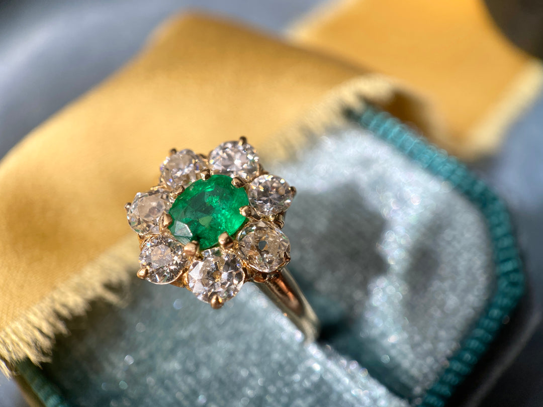 Flower in Bloom Antique Emerald & Old Cut Diamond Ring in 14k Yellow Gold