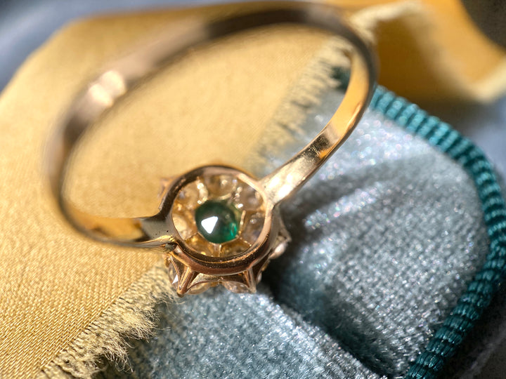 Flower in Bloom Antique Emerald & Old Cut Diamond Ring in 14k Yellow Gold