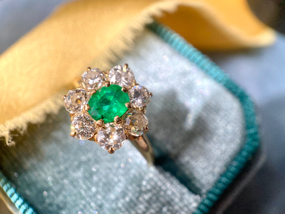 Flower in Bloom Antique Emerald & Old Cut Diamond Ring in 14k Yellow Gold