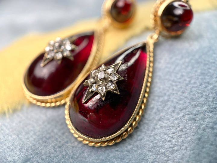 Rare Victorian Antique Garnet & Old Mine Cut Diamond Earrings in 14k Gold