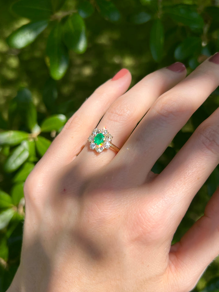 Flower in Bloom Antique Emerald & Old Cut Diamond Ring in 14k Yellow Gold