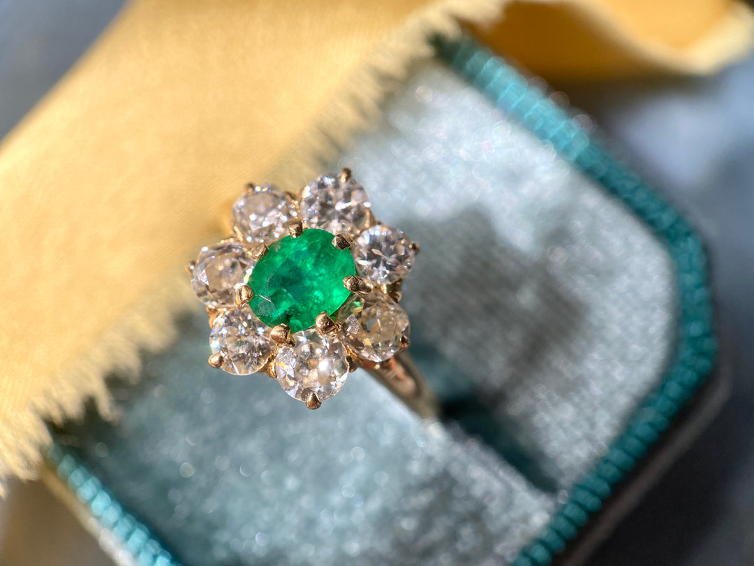 Flower in Bloom Antique Emerald & Old Cut Diamond Ring in 14k Yellow Gold