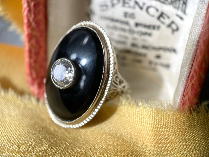 Antique Art Deco Onyx and Diamond Ring in Lacey Filigree 14k White Gold