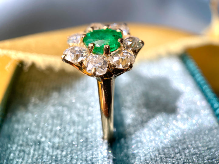 Flower in Bloom Antique Emerald & Old Cut Diamond Ring in 14k Yellow Gold