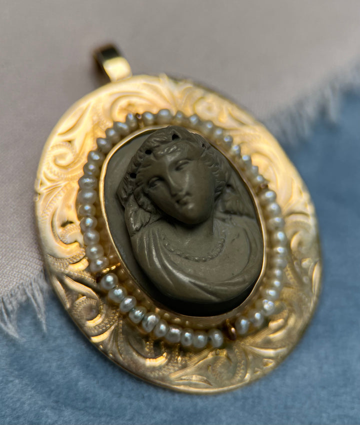 Victorian Lava Cameo and Pearl Pendant in 10k Yellow Gold