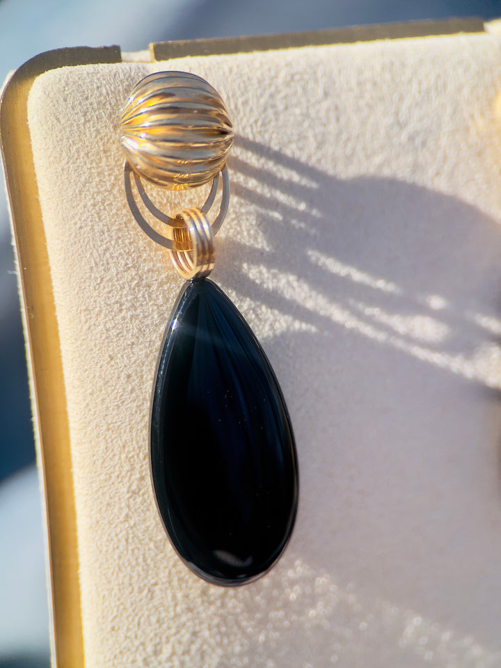 1980’s Vintage Onyx Dangle Earrings in 14k Yellow Gold