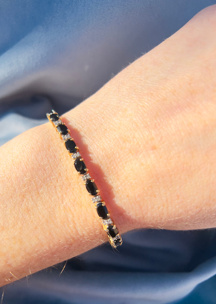 Vintage Onyx and Diamond Tennis Bracelet in 14k Yellow Gold