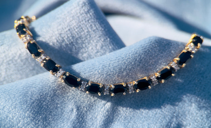 Vintage Onyx and Diamond Tennis Bracelet in 14k Yellow Gold