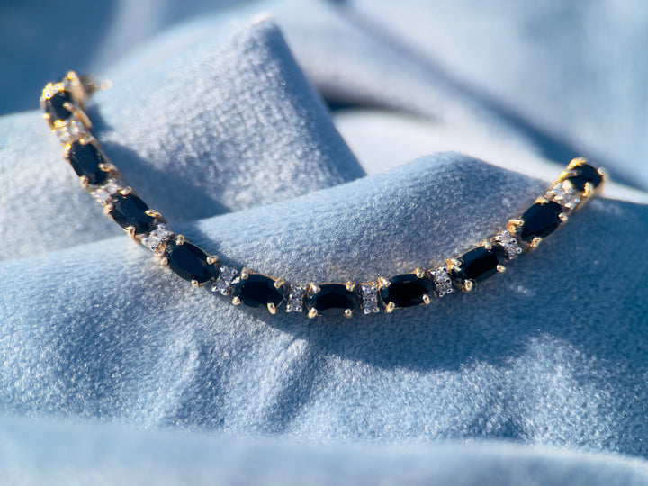 Vintage Onyx and Diamond Tennis Bracelet in 14k Yellow Gold