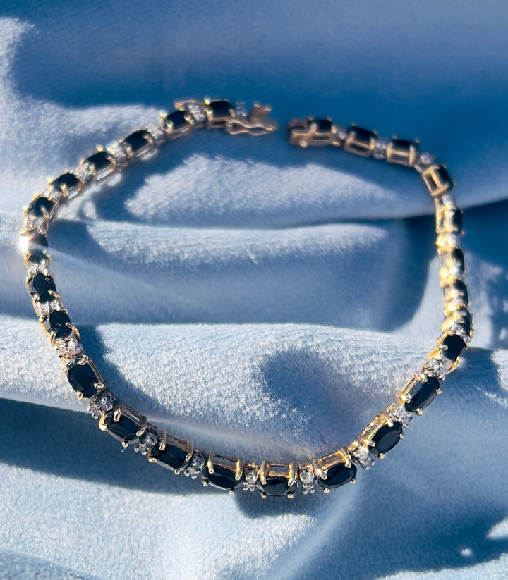 Vintage Onyx and Diamond Tennis Bracelet in 14k Yellow Gold