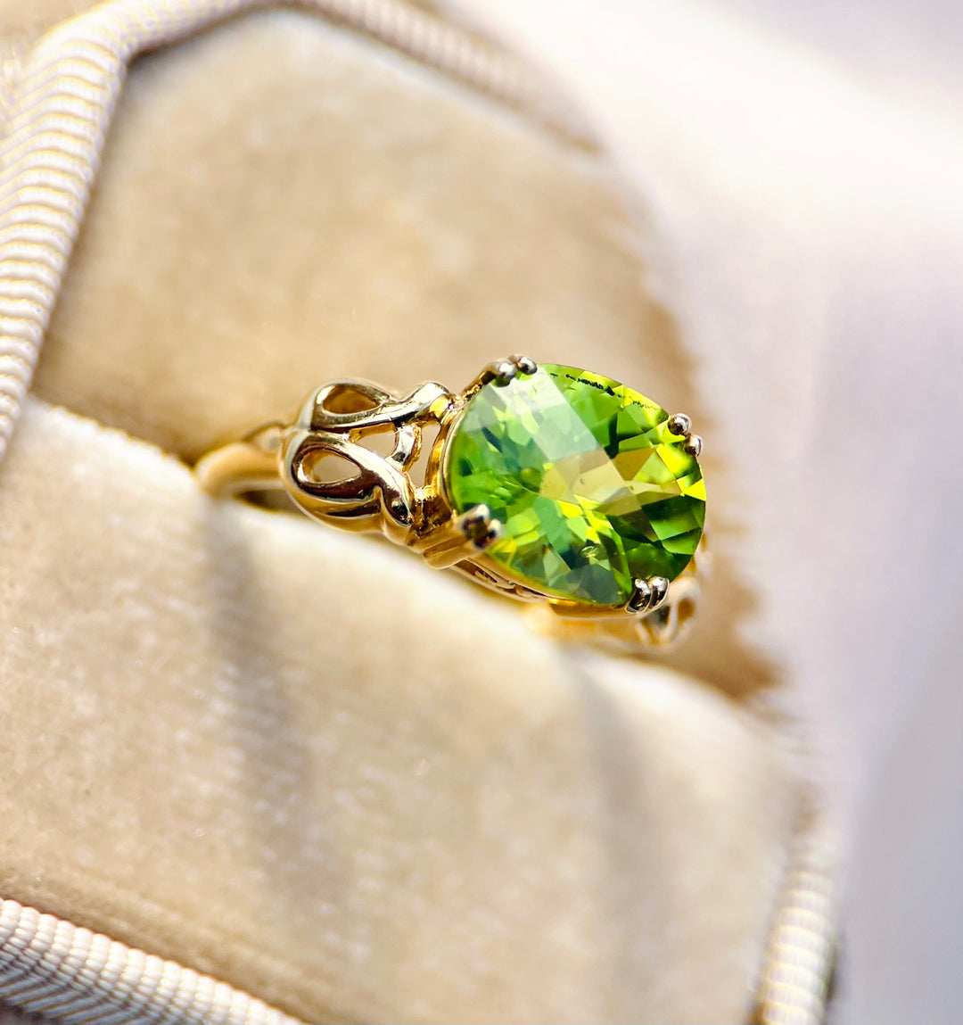 “The Summer’s Secret” Over 3 Carat Peridot Ring in 10k Yellow Gold