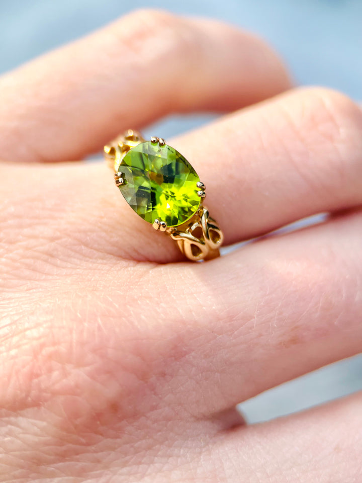 “The Summer’s Secret” Over 3 Carat Peridot Ring in 10k Yellow Gold