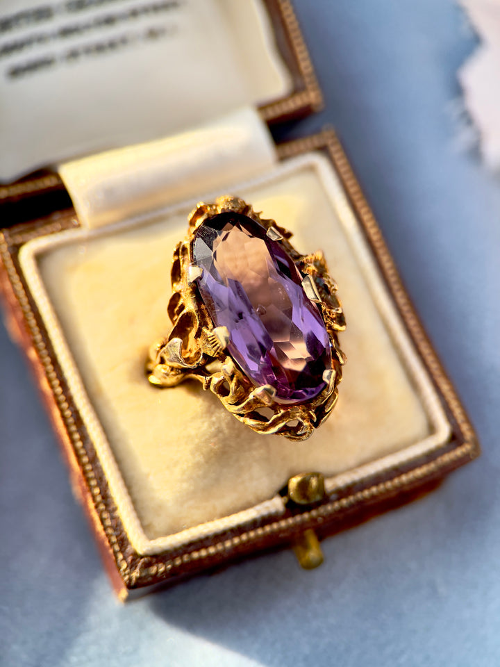 ”The Violet Garden” Art Nouveau Amethyst Ring in 10k Yellow Gold