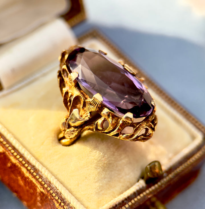 ”The Violet Garden” Art Nouveau Amethyst Ring in 10k Yellow Gold