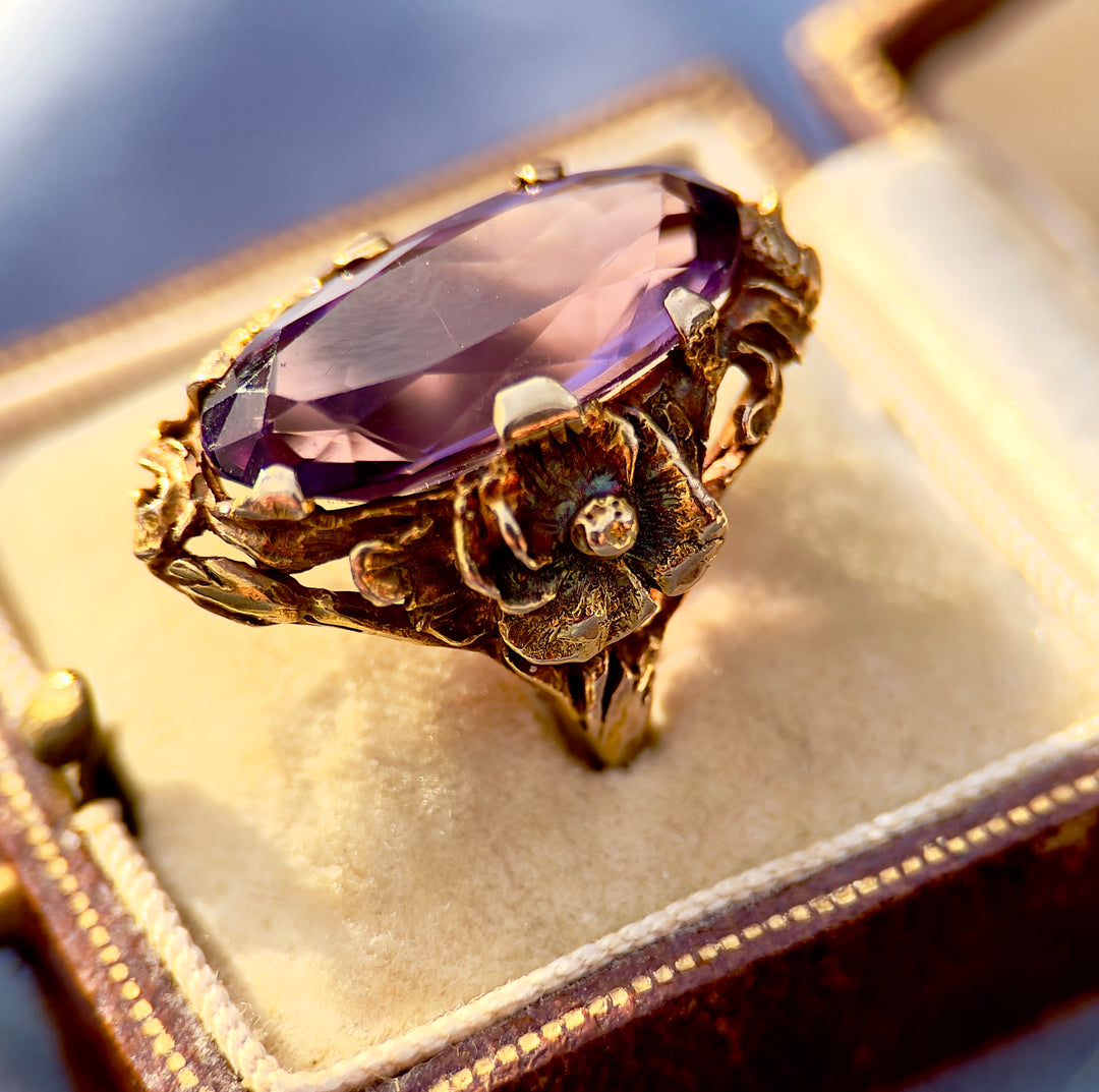 ”The Violet Garden” Art Nouveau Amethyst Ring in 10k Yellow Gold