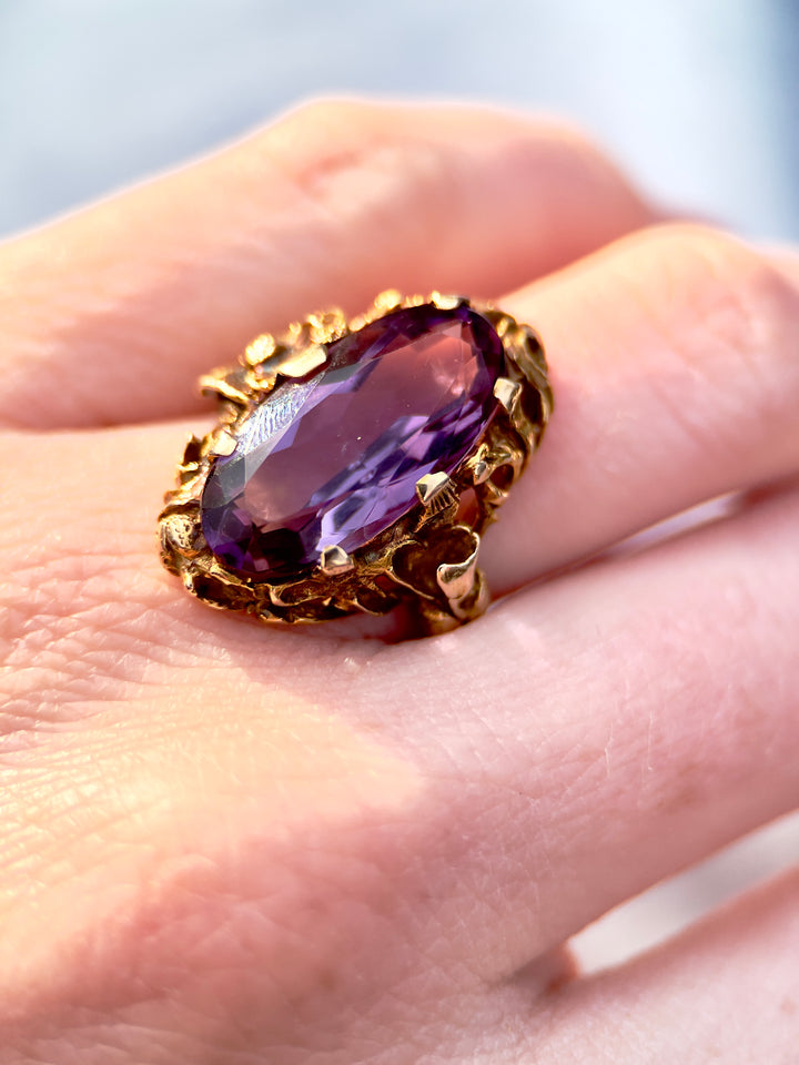 ”The Violet Garden” Art Nouveau Amethyst Ring in 10k Yellow Gold