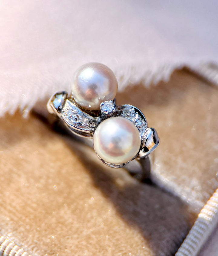 “The Deco Duet” 1940’s Pearl and Diamond Ring in 14k White Gold