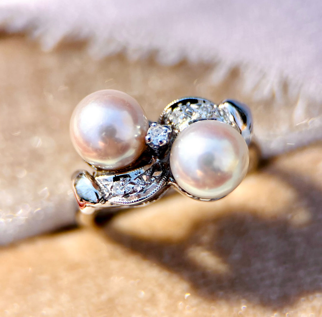 “The Deco Duet” 1940’s Pearl and Diamond Ring in 14k White Gold