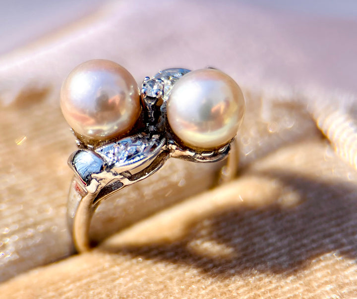 “The Deco Duet” 1940’s Pearl and Diamond Ring in 14k White Gold