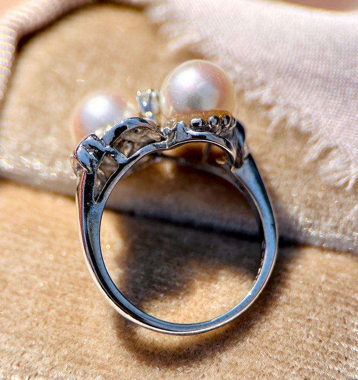 “The Deco Duet” 1940’s Pearl and Diamond Ring in 14k White Gold