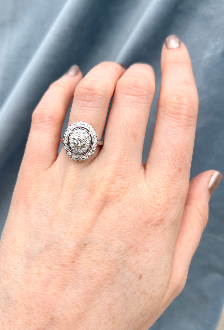 Vintage Diamond Oval Cocktail Ring in 14k White Gold