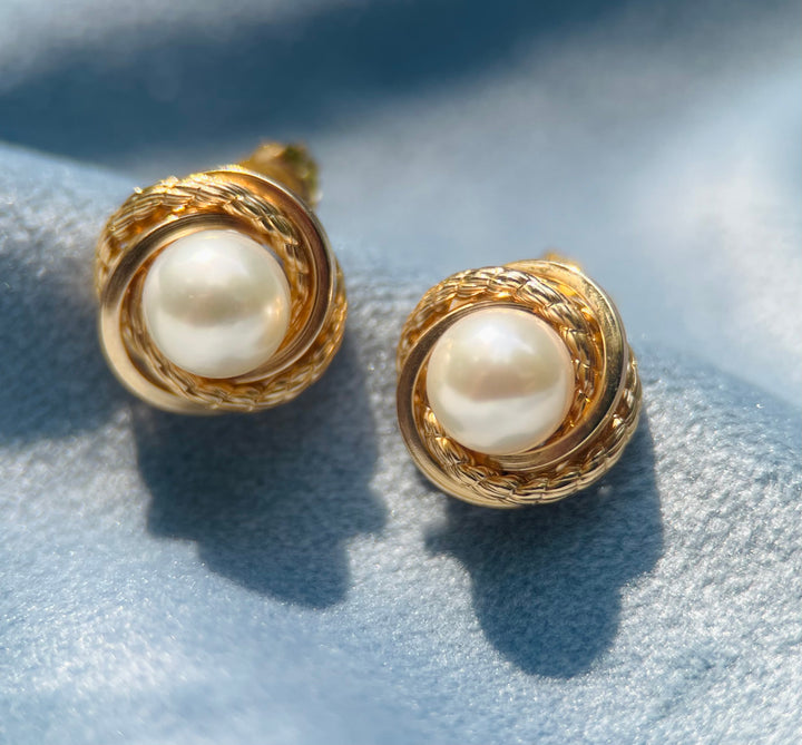 Pearl Knot Earrings in 14k Yellow Gold