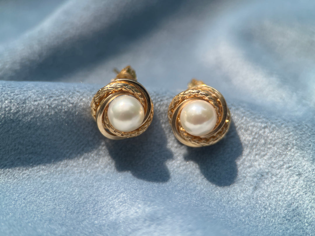 Pearl Knot Earrings in 14k Yellow Gold