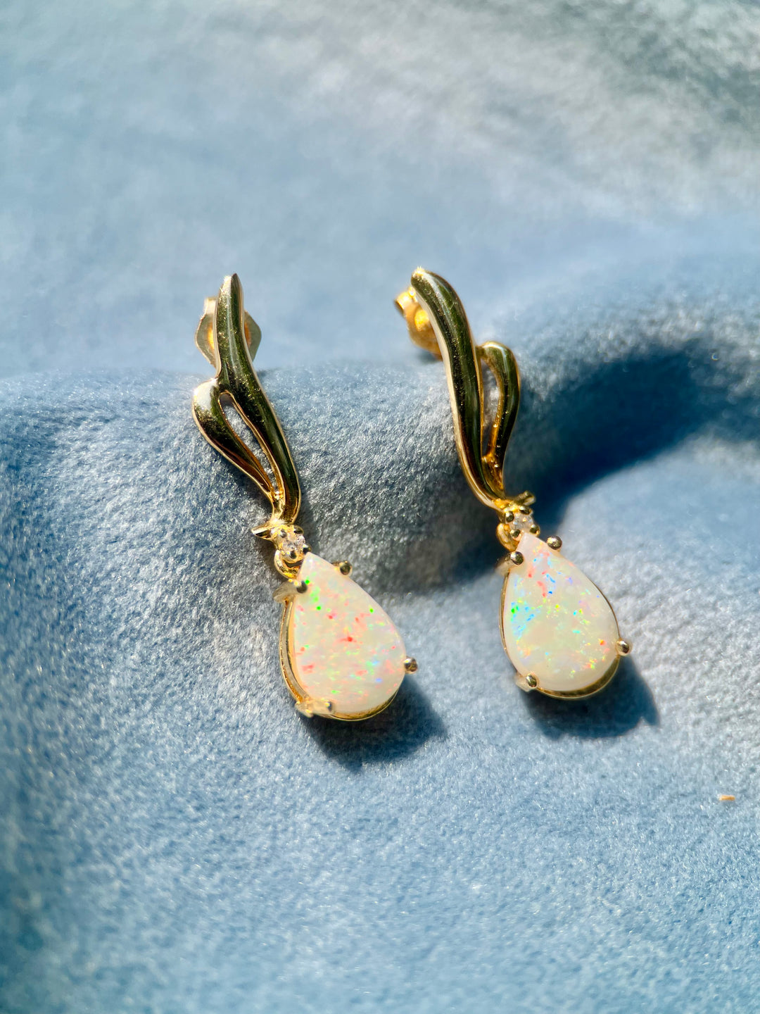 Geometric Created Opal and Diamond Earrings in 14k Yellow Gold