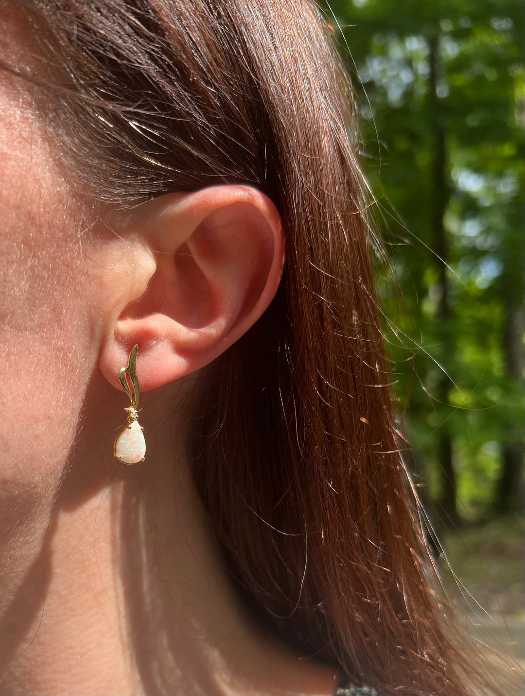 Geometric Created Opal and Diamond Earrings in 14k Yellow Gold