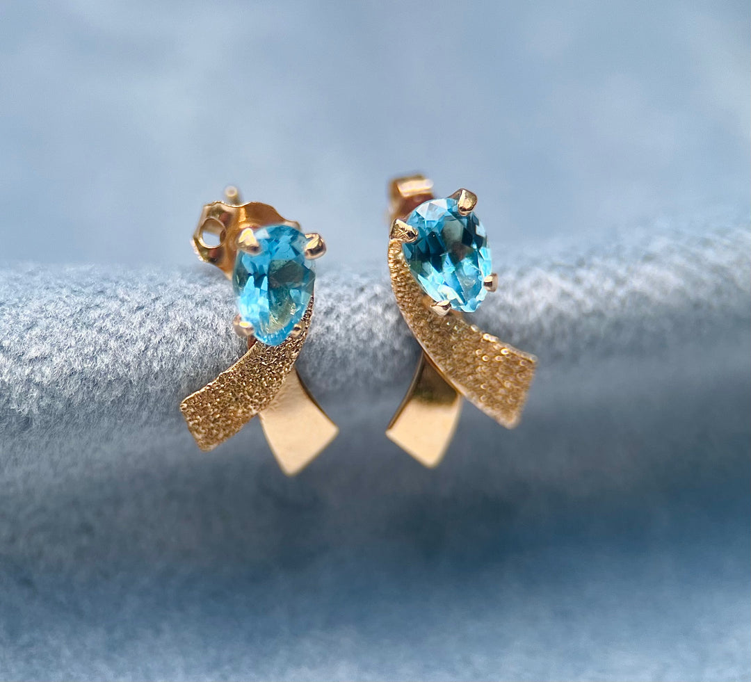 Blue Topaz Earrings in Textured 14k Yellow Gold