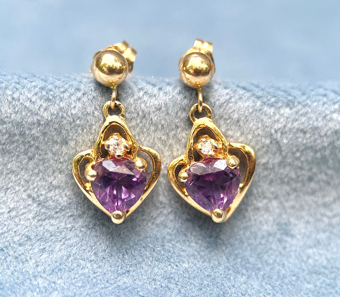 1.22 Carat tw Amethyst and Diamond Heart Dangle Earrings in 14k Yellow Gold