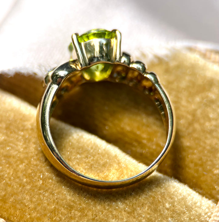 Vintage Late 1980’s Peridot and Diamond Accents Ring in 14k Yellow Gold