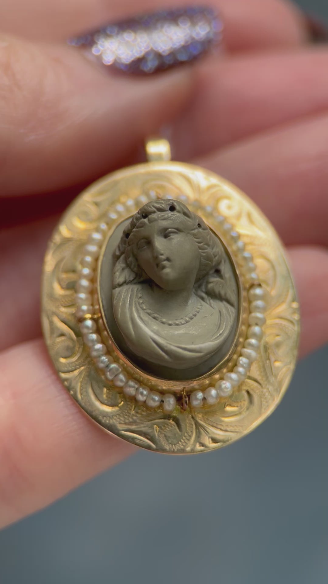 Victorian Lava Cameo and Pearl Pendant in 10k Yellow Gold