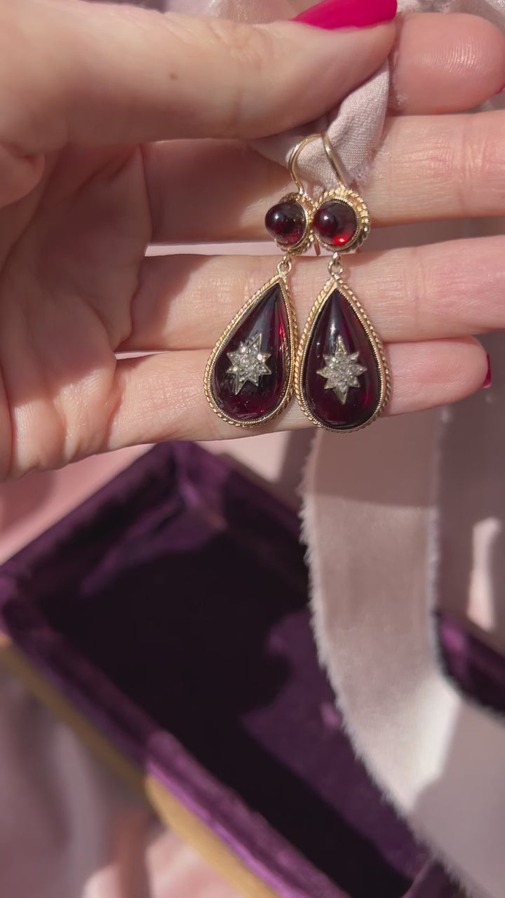 Rare Victorian Antique Garnet & Old Mine Cut Diamond Earrings in 14k Gold