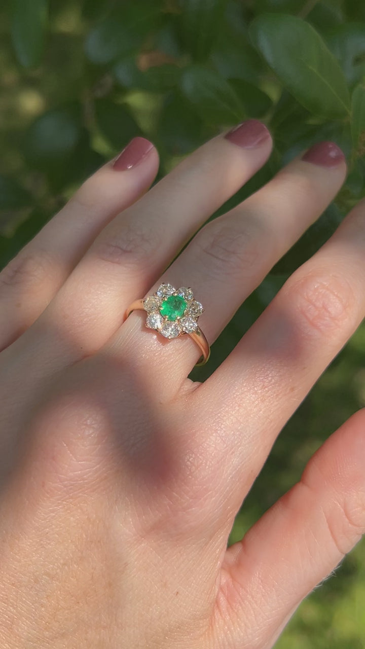 Flower in Bloom Antique Emerald & Old Cut Diamond Ring in 14k Yellow Gold