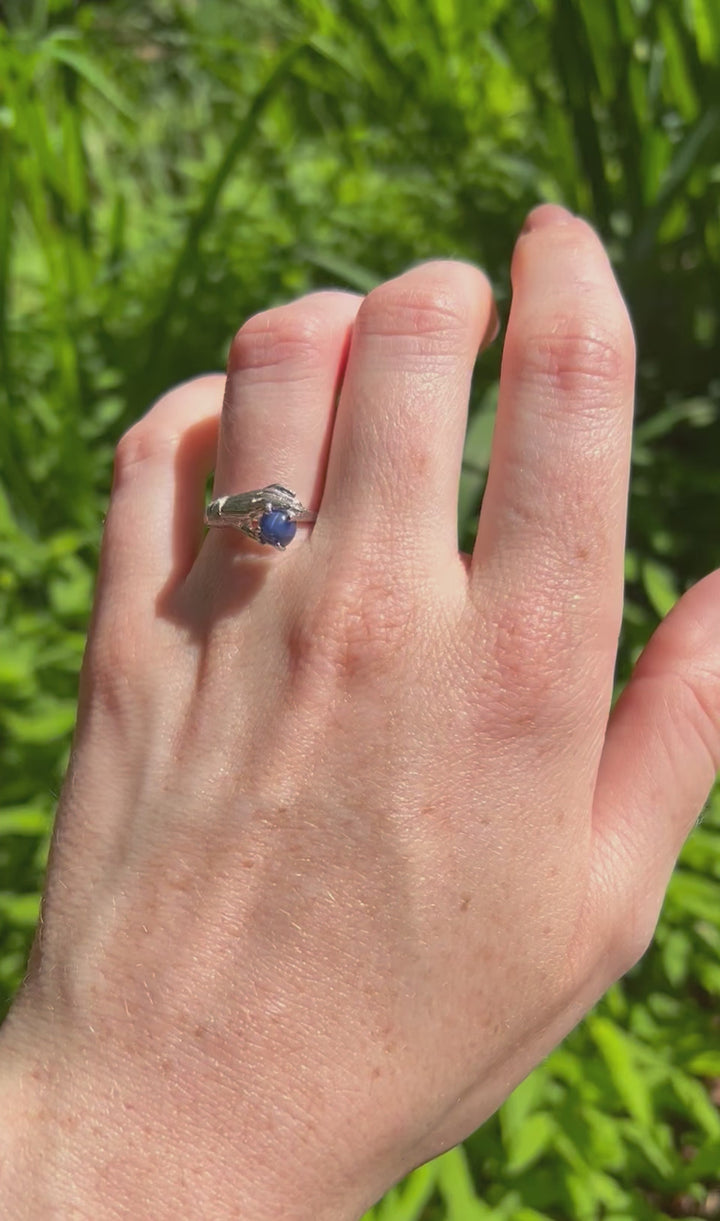 Victorian Revival Hand Holding Star Sapphire Ring in 10k White Gold