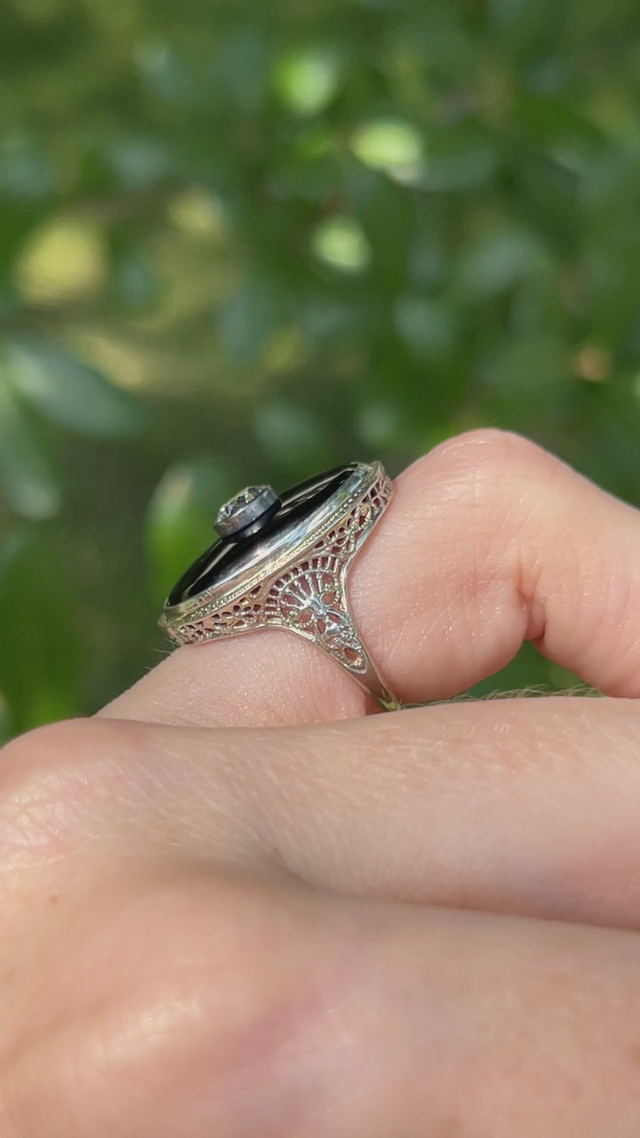 Antique Art Deco Onyx and Diamond Ring in Lacey Filigree 14k White Gold