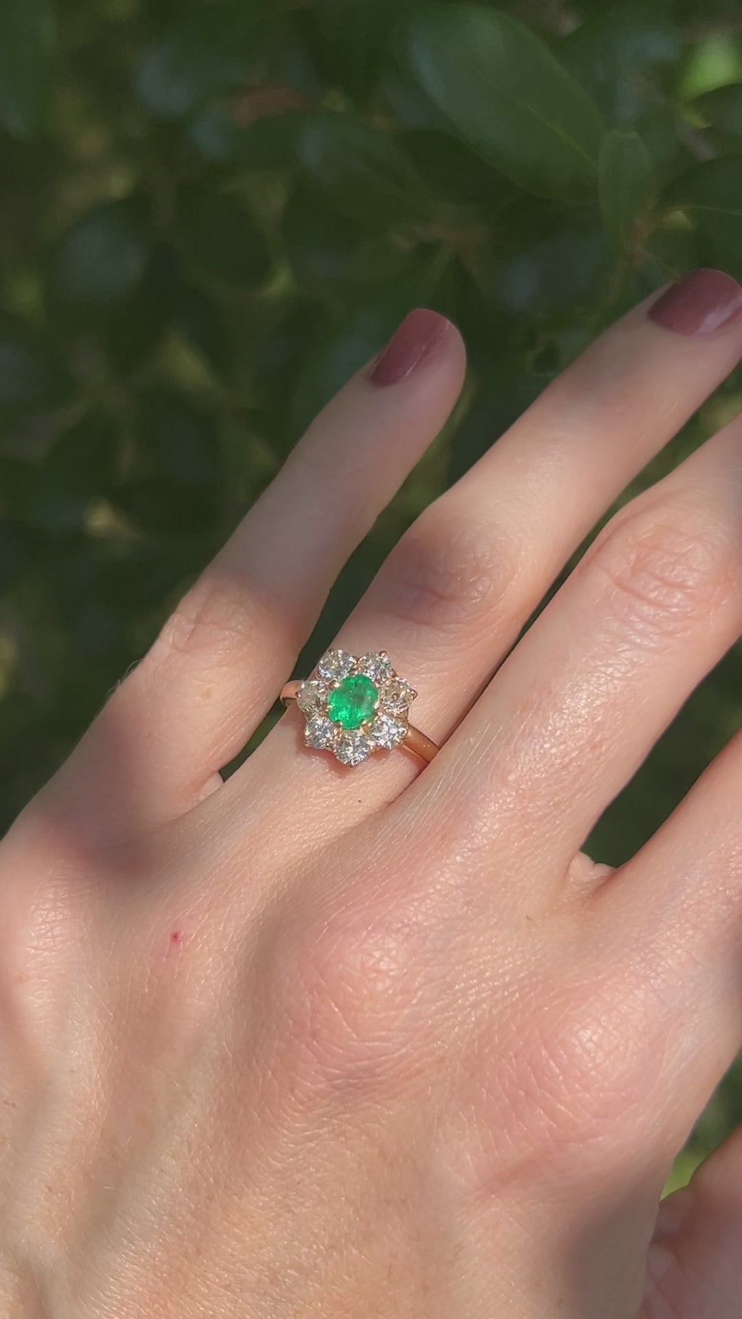 Flower in Bloom Antique Emerald & Old Cut Diamond Ring in 14k Yellow Gold