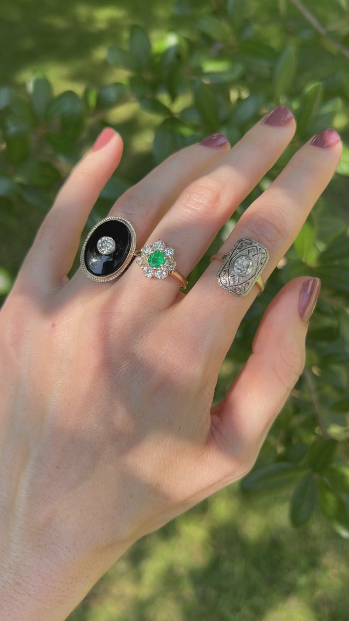 Antique Art Deco Onyx and Diamond Ring in Lacey Filigree 14k White Gold