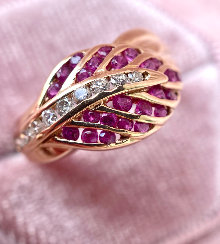 Over 1/2ctw Ruby and Diamond Leaf Ring in 14k Yellow Gold