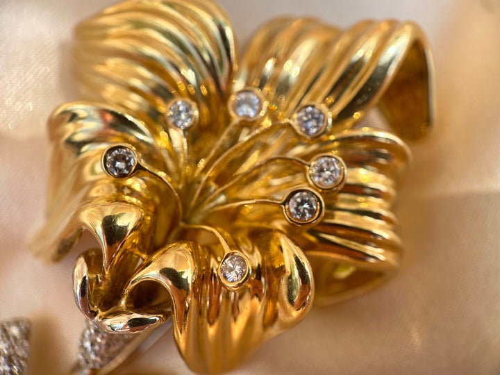 Vintage Garavelli Diamond Lily Brooch Pin in 18k Yellow Gold