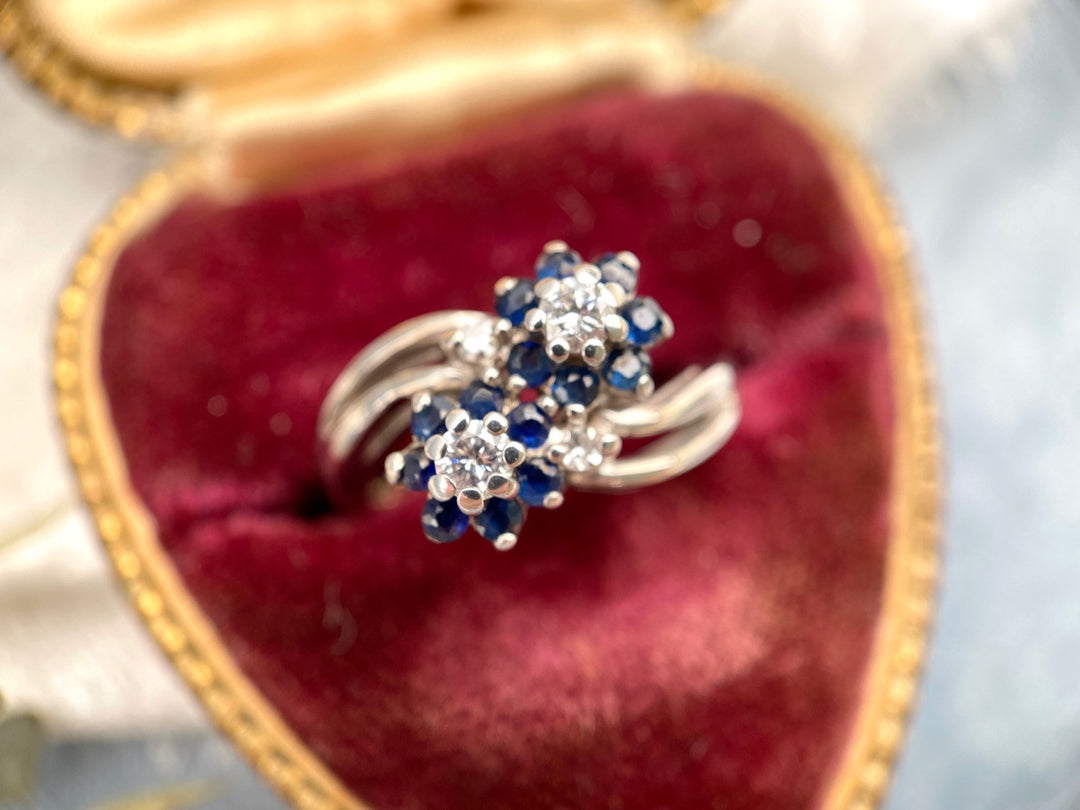 Diamond and Sapphire Bypass Ring in 14k White Gold