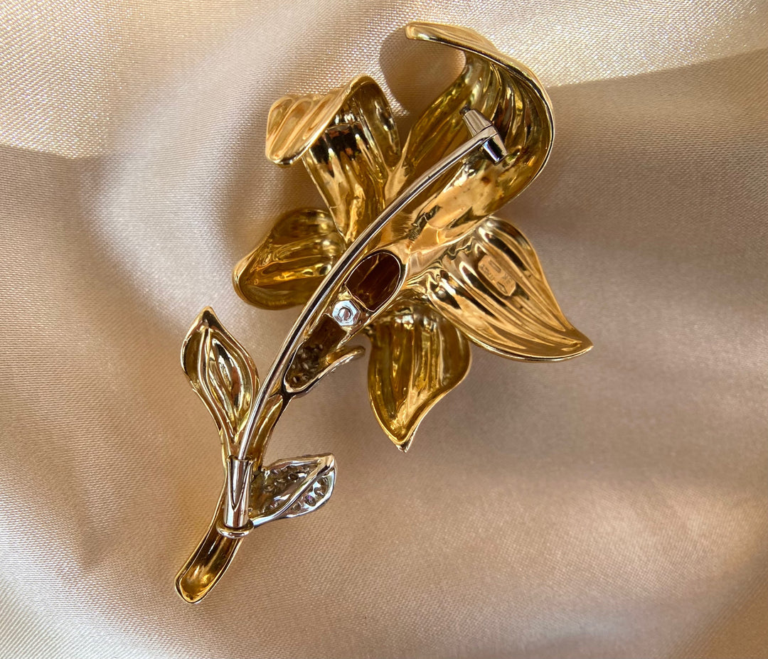 Vintage Garavelli Diamond Lily Brooch Pin in 18k Yellow Gold