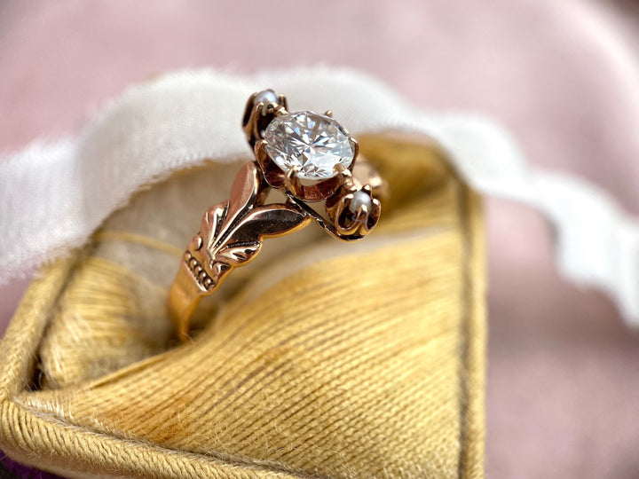 Unique Victorian Seed Pearl Ring with Over 1/2 Carat Round Diamond