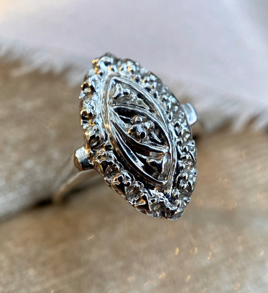 Vintage Marquise Shaped Ring with Diamond Accent  Metal: 10k White Gold