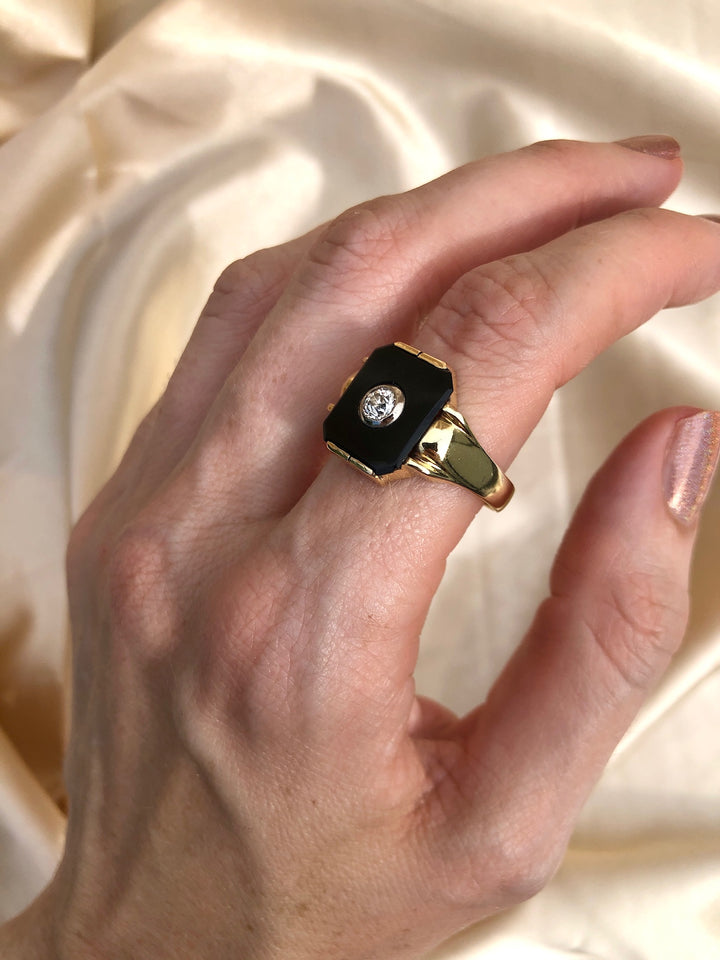 Antique c.1900 Onyx And Old European Diamond Ring