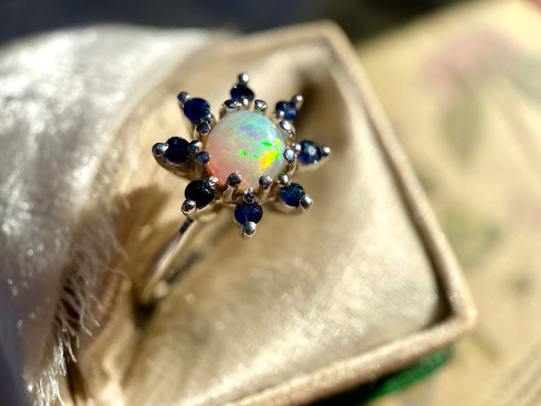 Flower Power Opal and Sapphire Halo Ring in 14k White Gold